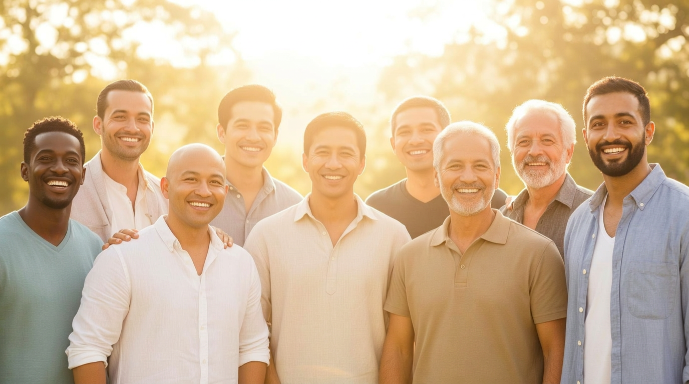 Men gathering in a circle outdoors at sunset